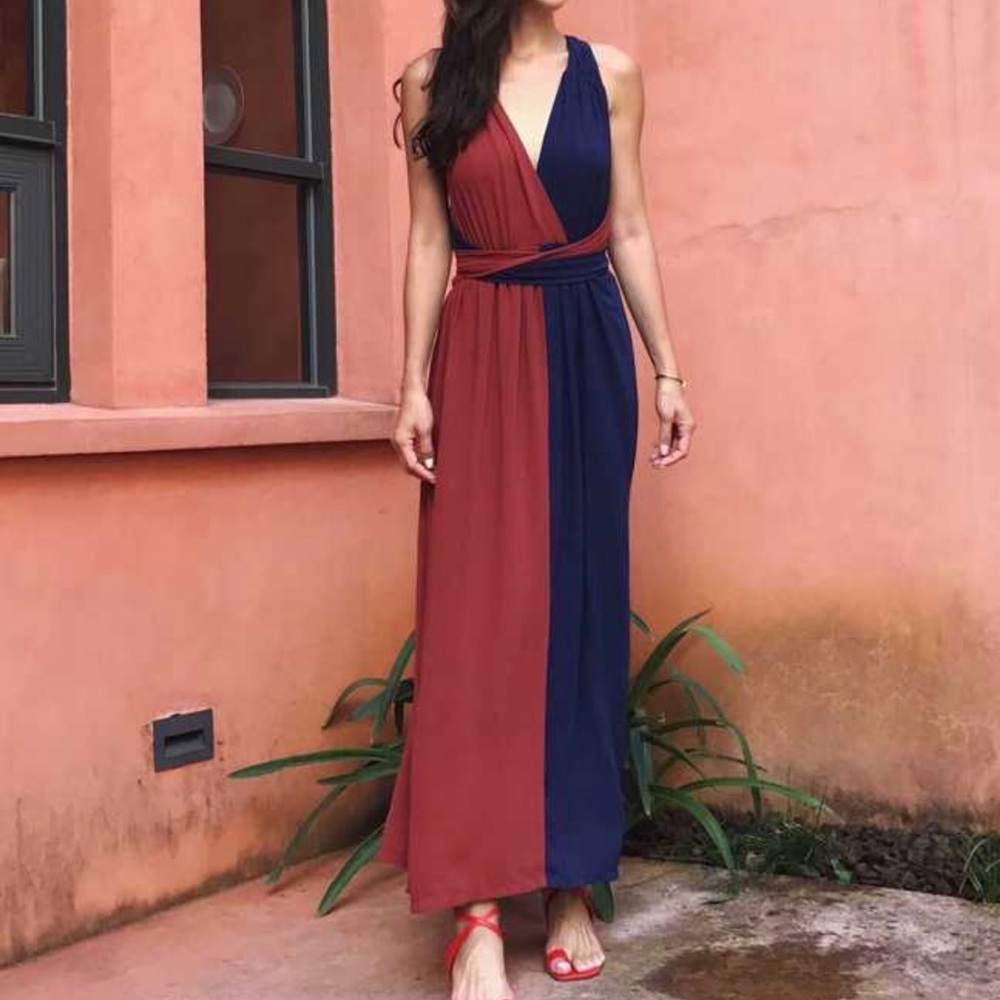 Akaiv  lsleeveless colorblock wine and blue maxi dress size L